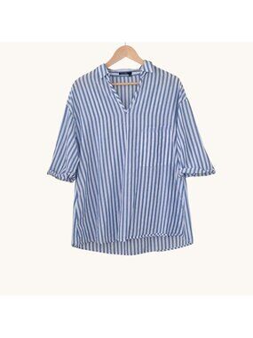 Marc Aurel Striped Cotton Blend Top EU42 USL Blue White Coastal V Neck Versatile